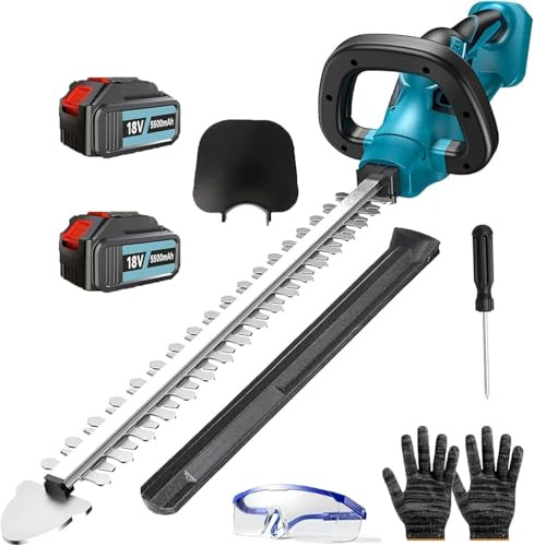 Akku-Heckenschere, Kompatibel mit Makita 18V Akkus, 51 cm Schnittlänge, 16 mm Zahnabstand,Bürstenlos 2 IN 1 Grasschere und Strauchschere, Dual Klinge, für Trimmen im Park Garten (2x5.5Ah Akku)