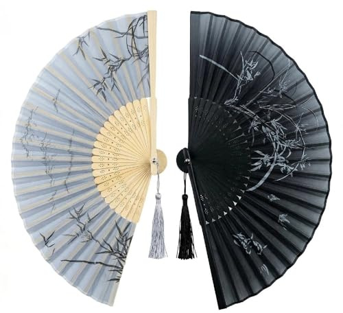 2PCS Folding Hand Fans in white and Black, Vintage Silk Hand Fan,Portable Chinese Silk andBamboo with Tassel， Fans for Women for Summer Weddings and Parties