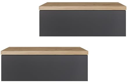 KOMTO Wandregal mit Schublade Eiche Gold/Anthrazit - Nachttisch Hängend 2er Set Nachttisch Wandmontage Wandschublade Nachtschrank Hängend | Monaco 42 x 30 x 15 cm