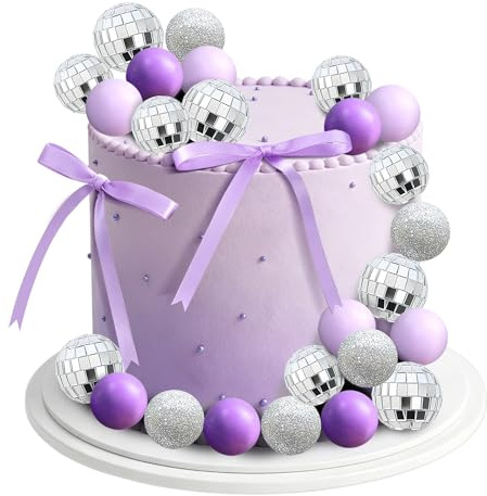 Decorazioni Torta Viola e Argento 37 Pezzi Decorazioni Torta Palla Discoteca, Viola Fiocco Cake Topper Compleanno per Disco, Matrimoni e Feste