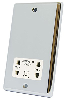 AET CPCSHAWH Polished Chrome Classical White Insert 2-Gang Dual Voltage 115V/230V Shaver Socket, 240 V