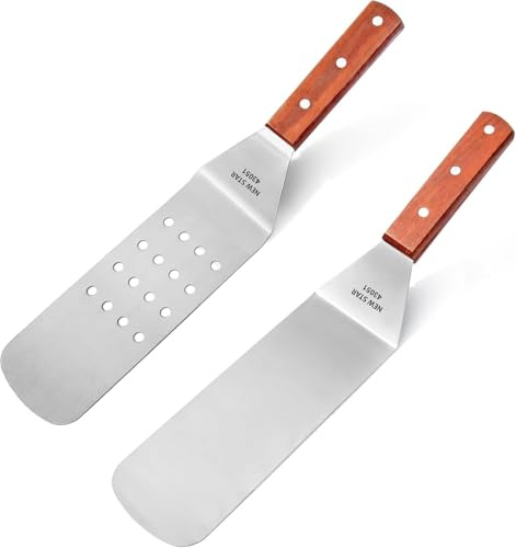 New Star Foodservice 43051 Wood Handle Flexible Grill Spatula Set, 14.5, Set of 2, Silver