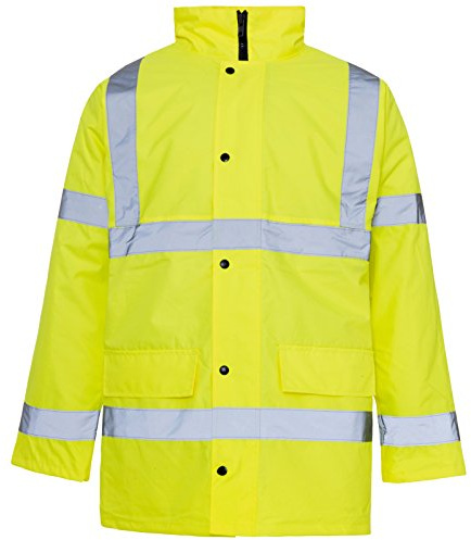 MyShoeStore Hi Vis Viz Parka Jacket High Visibility Workwear Safety Security Concealed Hood Fluorescent Flashing Hooded Padded ¾ Length Waterproof Work Coat Top