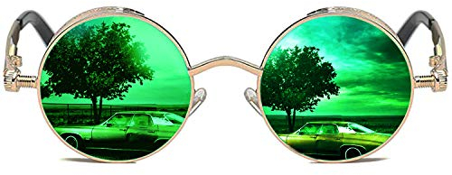 ROCKNIGHT Gothic Steampunk Round Polarized UV400 Protection Sunglasses Unisex Street Outdoor, Golden Frame/Green Lens, Medium