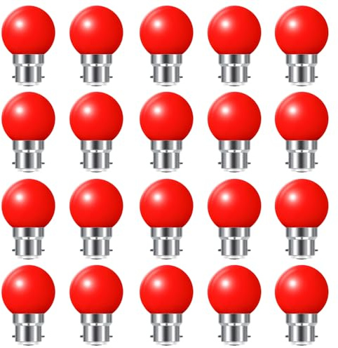 HUAMu Lot de 20 Ampoules LED B22 Baïonnette Globe G45 2W (Équivalent 20W) Rouge Colorée Économie d'Énergie Golfball BC Party Small/Mini Noël