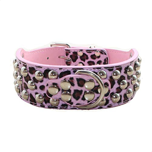 haoyueer Leder-Hundehalsband, 5,1 cm breit, 3-reihig, mit Nieten, für mittelgroße und große Hunde, Pitbull, Mastiff, Boxer, Bully ... (M, Pink Leopard)