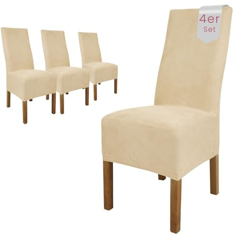 Scheffler Home Stuhlhussen Weiß-Ecru 4er Set Velours Stretch Leon | Elastische und waschbare Stuhlbezüge,Öko-Tex zertifiziert,für Esszimmerstühle, Hochlehner und Polsterstühle