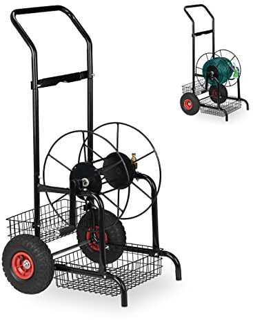 Relaxdays Carrello Avvolgitubo da Giardino, Carrellino Mobile per Acqua in Metallo, 2 Rotelle, Tubi Lunghi 45 m, Nero