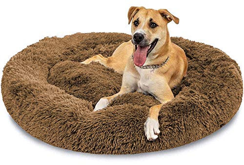LINRUI XXXL Waschbar Grosse Hunde Hundebett Orthopädisch XL Rund Donut Hundebetten für Mittlere große Hunde Kuscheliges Antistress Hundekissen Oval Rund Kuschelig Hundehöhle XXL Braun