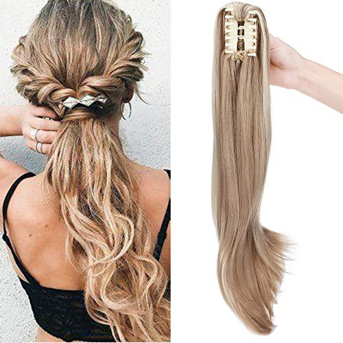 SEGO Pferdeschwanz, Kunsthaar, Ponytail-Faser, Haarverlängerung (mikrowellig) – Pferdeschwanz, Kunsthaar, mit Clip, 45 cm, Kastanienbraun + gebleichtes Blond