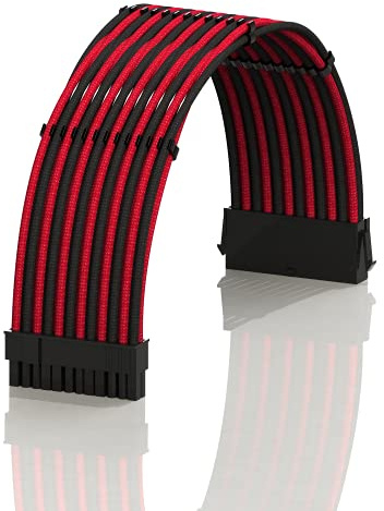 LINKUP - AVA 30cm ATX 24 Pin (20+4) Motherboard PSU Braided Sleeved Power Supply Extension Cable w/Combs | Strong & Stiff Design | Single Pack | 300mm - RedBlack