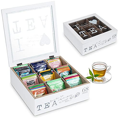 QILICZ Tea Box Wooden Tea Caddy Tea Bag Organizer White Tea Bag Holder Tea Chest Tea Storage Box with Transparent Lid 9 Compartments for Tea Coffee Sugar
