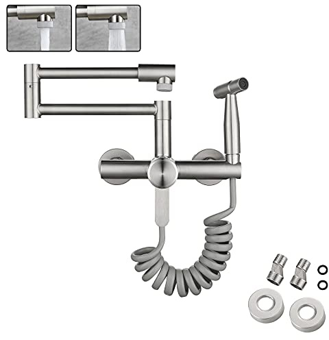 SJQKA Wasserhahn Küche Wandmontage,Mit Spritzpistole Und 2 Wasserstrahlarten, Wasserhahn Wand Schwenkbarem 360°-Auslauf,Einfache Montage Küchenarmatur Wandmontage (13CM-17CM)
