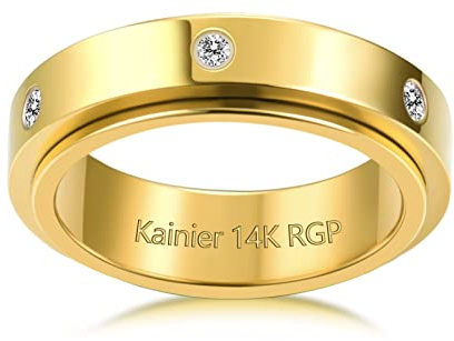 Kainier 14K Gold Plated Anxiety Rings Cubic Zirconia Stones Spinner Fidget Band Rings for Women Men Relieving Anxiety Lucky Rings Comfort Fit Size 5 to 10