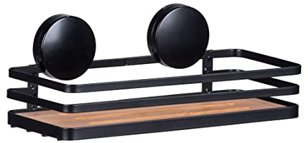 Wenko Superficie di appoggio da parete Static-Loc Plus Alba per stanza da bagno, in acciaio verniciato e bambù sostenibile, fissaggio senza perforazione, 26,5 x 12,5 x 11 cm, nero/al naturale