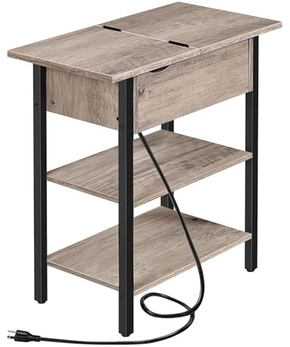 HOOBRO Side Table, Flip End Table with Charging Station and Shelves, USB Ports & Power Outlets, Narrow Nightstand for Small Spaces, Living Room, Stable and Sturdy, Greige and Black BG341BZ01