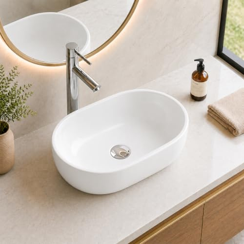 BELOFAY Counter Top Bathroom Sink Basin – Modern White Ceramic Wash Basin with Scratch-Resistant Gloss Surface – Sink basins for Cloakroom,Vanity Cabinet and Bathrooms (Oval 2)