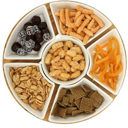 Vencier Lazy Susan Rotating, Revolving Dip Set Snack Bowl Serving Platter with 6 Ceramic Dishes Dips, Snacks & Appetisers