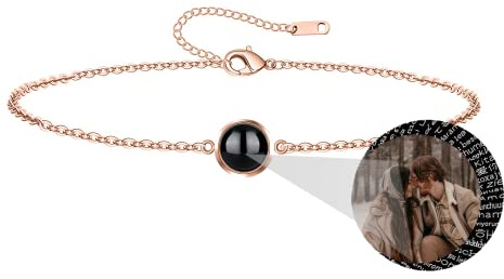 Jinlinjew Pulsera con Foto Personalizada, Colgante Redondo, Pulsera de proyección, Cadena de Mano Minimalista Ajustable, joyería para Mujer, Collar I Love You, Pulseras en 100 Idiomas