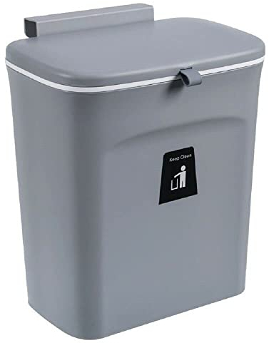 HOCHSTE Wall Mounted Waste Bin Kitchen Cabinet Door Cupboard Hanging Trash Can Lid Cover 7 Liters Grey