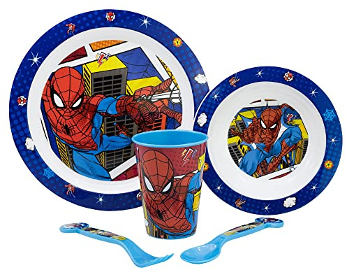 Set vajilla infantil reutilizable apta para microondas compuesta por vaso, plato, cuenco y cubiertos de Spiderman