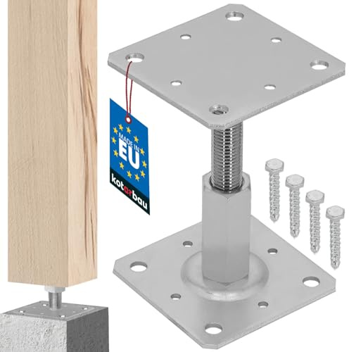 KOTARBAU® Pfostenträger höhenverstellbar 110x110 mm, Gewinde M20x90 mm | Balkenschuh zum Aufschrauben, Stützenfuß für Zaunpfosten & Holzbalken, verzinkter Stahl, Silber