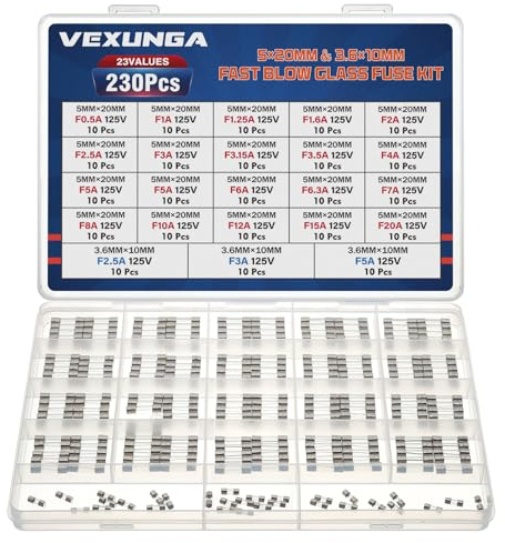 VEXUNGA 23Values Kit de fusibles en verre 125 V 0,5 A 1,25 A 1,6 A 2 A 2,5 A 3 A 3,15 A 3,5 A 4 A 5 A 6 A 6,3 A 7 A 8 A 10 A 12 A 15 A 20 A 5 x 20 A 0 mm et 2 mm.,5 A, 3 A, 5 A, 3,6 x 1,6