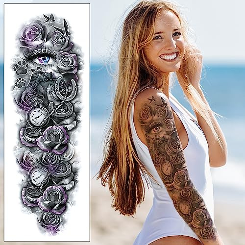 Roses Horseshoes Clocks Temporary Tattoo Sleeve - Swallows Eye Paw Prints Purple Black Grey Realistic Waterproof Transfer Sticker Arm Body Art Men Women Kids 17cm x 48cm - By Delusion Tattoos