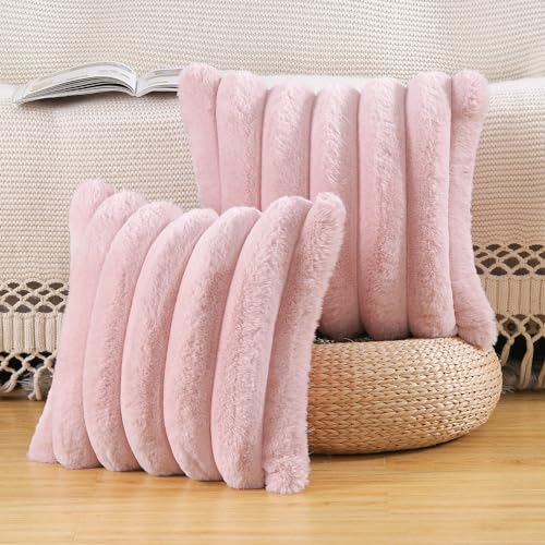 Madizz Plush Faux Fur Throw Pillow Covers 18x18 inch, 45x45 cm Pink Set of 2 Fluffy Striped Soft Decorative Cushion Cover for Sofa Bedroom Pillow Shell