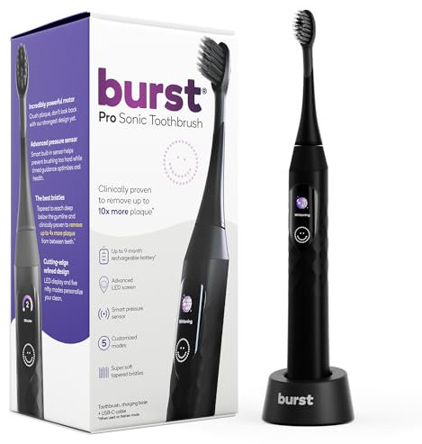 Burst Pro Sonic Advanced Electric Toothbrush for Adults (Black) | Soft Bristles | 33,000 Vibrations | Long-Lasting Battery and Multiple Brushing Modes