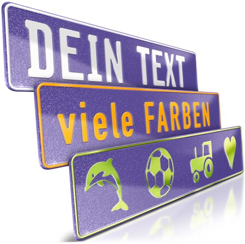 1 Fun-Schild geprägt | Lila Glitter mit Wunschtext bis zu 16 Zeichen | Individuelles Fun-Kennzeichen aus Aluminium | Violett | Namensschild | Auto-Kennzeichen | Optional Löcher & Saugnäpfe