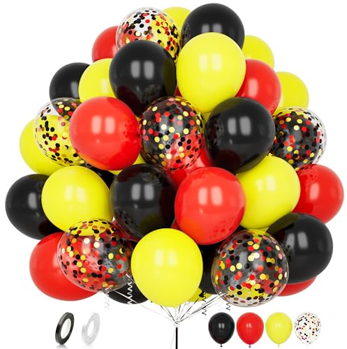 Red Yellow Black Balloons, 60 pcs 12 Inch Matte Red Black Yellow Confetti Latex Balloons with Ribbon for Boys Kids Birthday Baby Shower Wedding Engagement Carnival Racing Car Sports Party Decoration
