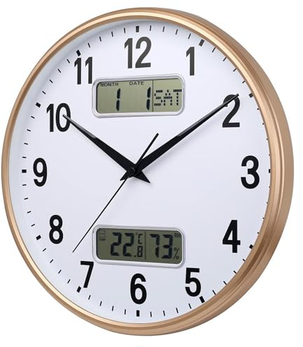 HZDHCLH 33cm Funkuhr Digitale, Anzeige von Temperatur, Luftfeuchtigkeit, Kalender, Modernes Design, Geeignet Für Zuhause, Büro, Schule（Weißes Gold）