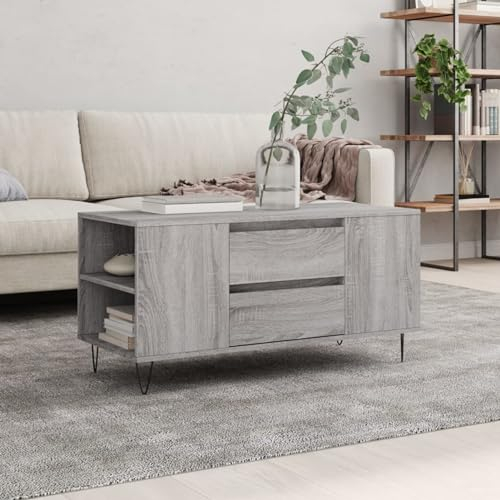 Homgoday Couchtisch Beistelltisch Wohnzimmertisch Sofatisch mit 2 Schubladen und 4 Fächern Kaffeetisch Teetisch Holztisch für Wohnzimmer Büro Grau Sonoma 102x44,5x50 cm Holzwerkstoff