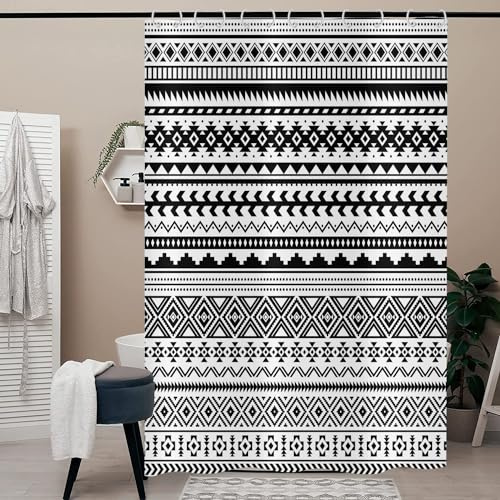 Hnmdmyi Duschvorhang Boho 180x200, Schwarz und Weiß Duschvorhänge Bauernhaus Geometrisch Tribal Bohemain Badewanne Vorhang Wasserdicht Polyester Stoff Waschbar Badevorhang für Badezimmer mit Haken