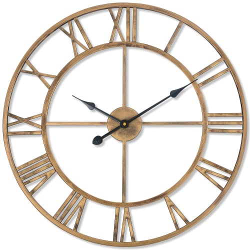 SkyNature Wanduhr Große, 76cm Industrie Vintage Dekor Wanduhren mit Römische Ziffern, Leise Ohne Tickgeräusche Metall Uhr, Analog Wanduhr für Wohnzimmer, Küche, Schlafzimmer, Büro - Bronze