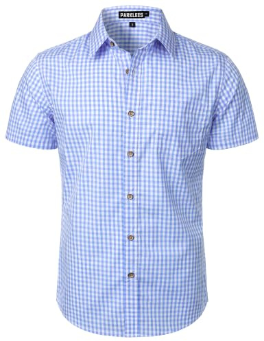 PARKLEES Chemise pour homme, décontractée, à carreaux, boutonnée, en coton, à manches courtes, robe Gingham, chemises, coupe normale, avec poche, L