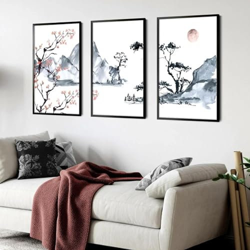 YIUEYI Moderne Simple Mur Art Style Japonais Cerisier Fleur Arbre HD Toile Peinture Affiche Imprime Maison Chambre Salon Décor 80x120 cm (31x47in) x3 avec Cadre
