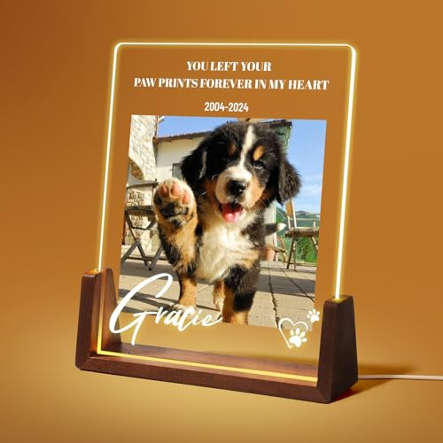 Jodimitty Personalisiert Haustier Gedenktafel aus Acryl, optionales LED-Licht und Holzsockel, mit Foto und Text, Gedenkgeschenke Bilderrahmen Andenken an verstorbenen Hund Katze (Stil A)