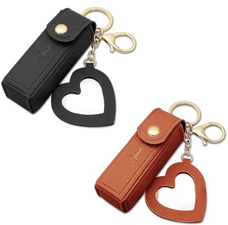 AfitLulu Lot de 2 étuis à rouge à lèvres avec miroir, porte-baume à lèvres, chapstick portable, étui à rouge à lèvres, en cuir, petite trousse de maquillage, Noir et marron., Avec miroir