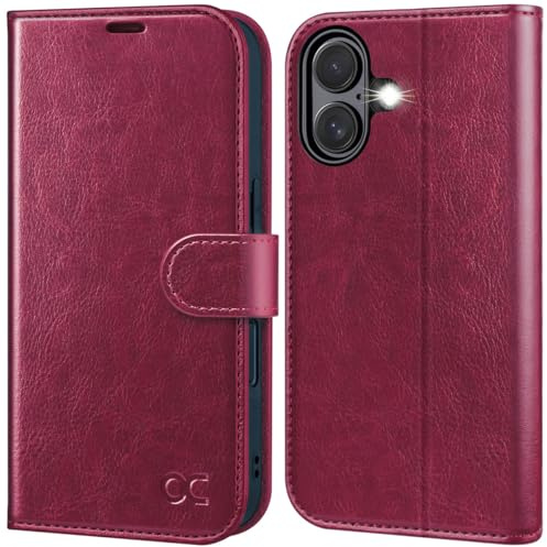 OCASE Etui Coque pour iPhone 16, Antichoc TPU Housse iPhone 16 Cuir PU Portefeuille Etui, RFID Blocage, Béquille, Fentes pour Cartes, Protection Coque iPhone 16 (6,1 Pouces) - Bourgogne