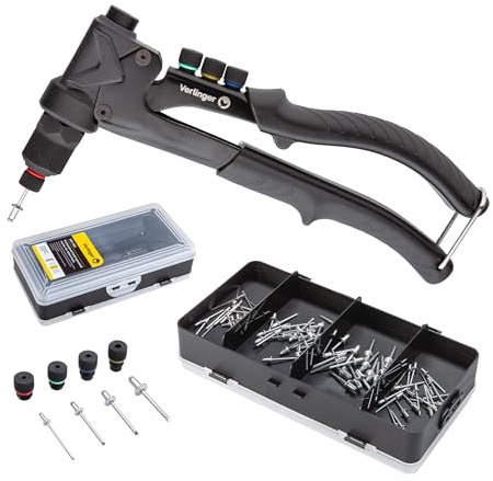 VERLINGER Nietzange Nietenzange Set Blindnietenzange mit 80 Nieten 4 Größen 2.4 mm 3.2 mm 4.0 mm 4.8 mm Blindnietzange Handnietzange Popnietenzange für Möbel Metall Leder Holz Kunststoffe