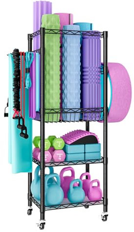 FTEYUET Hantelständer, Aufbewahrungsregal für Yogamatten, Hantelablage für Hanteln mit 4 Rollen und Haken, Hantelhalter für Yoga Matte, Faszienrolle, Kettlebell und Yoga Block, Workout-Ausrüstung