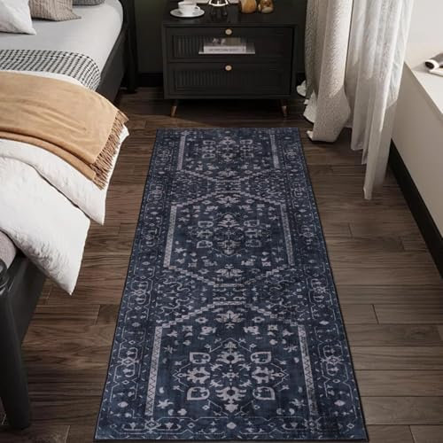 TUKDAK Hallway Runner Rug 60x180cm, Navy Blue Washable Kitchen Carpet Runner Non-slip, Vintage Long Hall Soft Floor Rug with Short Pile for Bedroom Laundry Living Room Entryway
