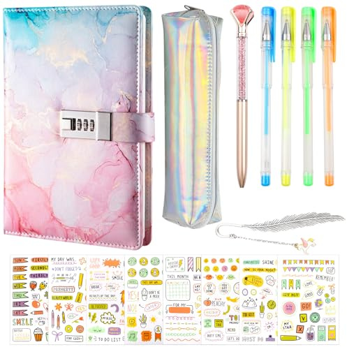 Tagebuch mit Schloss Geschenke für Mädchen 7 8 9 10 11 12 13 14 15 16 Jahre | Tagebuch mit Code Einschulung Geschenke PU Leder Notizbüch mit Stift Mäppchen und Lesezeichen Passwort Journal in Rosa
