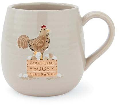 Cooksmart Hen House Lane Kaffeetasse aus Steingut, geripptes und geprägtes Hennen-Design, rustikale Teetasse für Zuhause und Küche, spülmaschinen- und mikrowellengeeignet, 400 ml