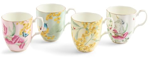 Royal Albert Miranda Kerr Australiana Collection Lot de 4 tasses en porcelaine anglaise Motif floral et oiseaux Doré