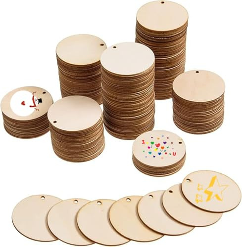 200 Stück 5cm Holzrundscheiben mit Loch, Natürliche Bastelholzscheiben | Bastelholzscheiben, Für DIY Basteln, Weihnachtsdekoration, Namensanhänger, Hochzeitsgeschenke und Handwerksprojekte