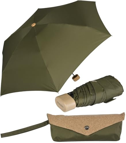 Doppler Nature Mini Cork en verde oliva oscuro | paraguas pequeño | cierre manual sencillo