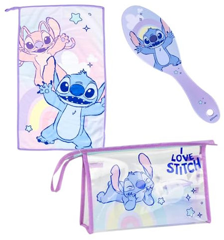 Disney Stitch Neceser para Niños, Bolsa de Aseo Infantil Diseño Stitch y Angel, Incluye Cepillo para el Pelo, Toalla, Bolso, Sin PVC